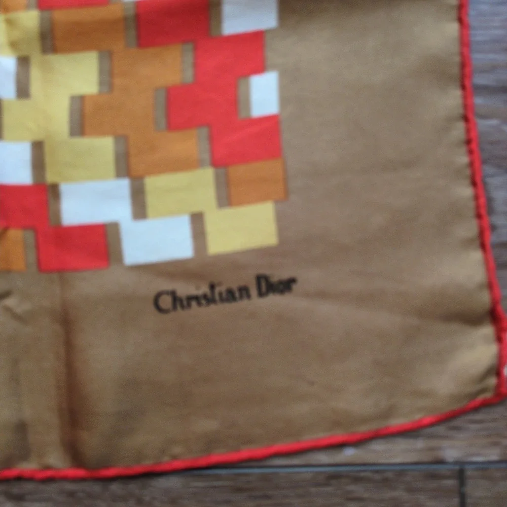 Vtg Christian Dior Silk Scarf Brown Red Geometric Brick Logo Italy Made 26in